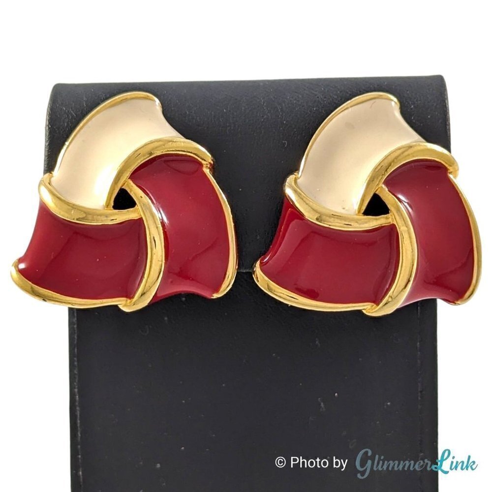 Vintage Red & Cream Enamel Triad Knot Large Chunky Gold Tone Clip On Earrings